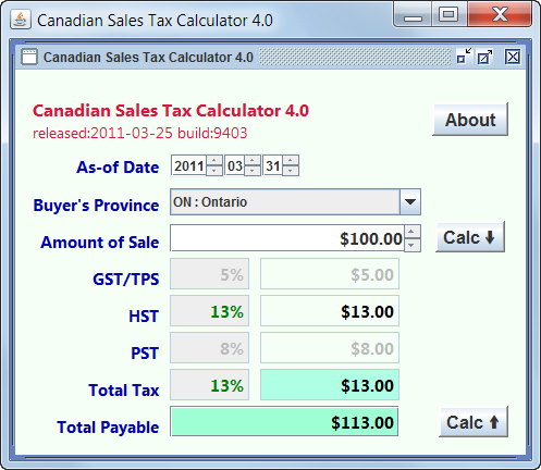 Windows 7 Canadian Sales Tax Calculator 4.4 full